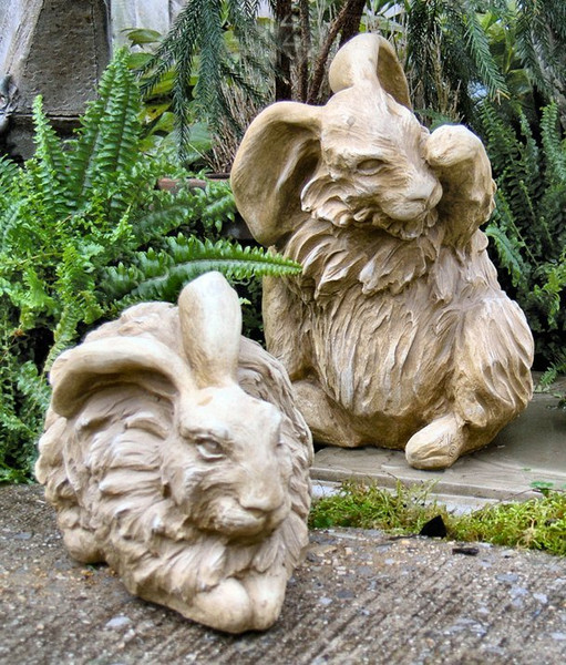 Wildlife Bunny Statue - Angora Rabbits Pair of Cement Statues